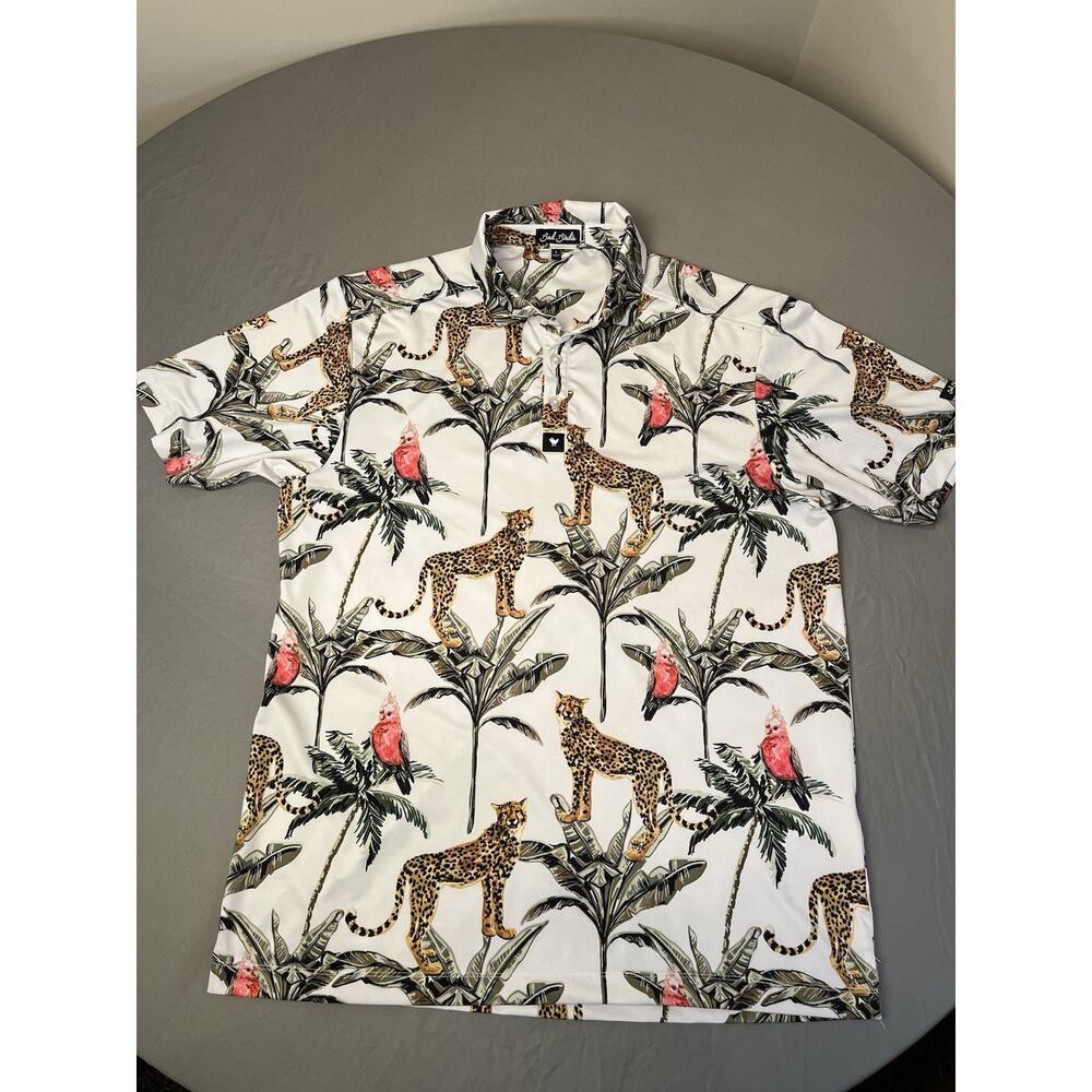 Bad Birdie Men's Performance Golf Polo Shirt Size Large Floral Cheetah Parrot - Picture 2 of 8